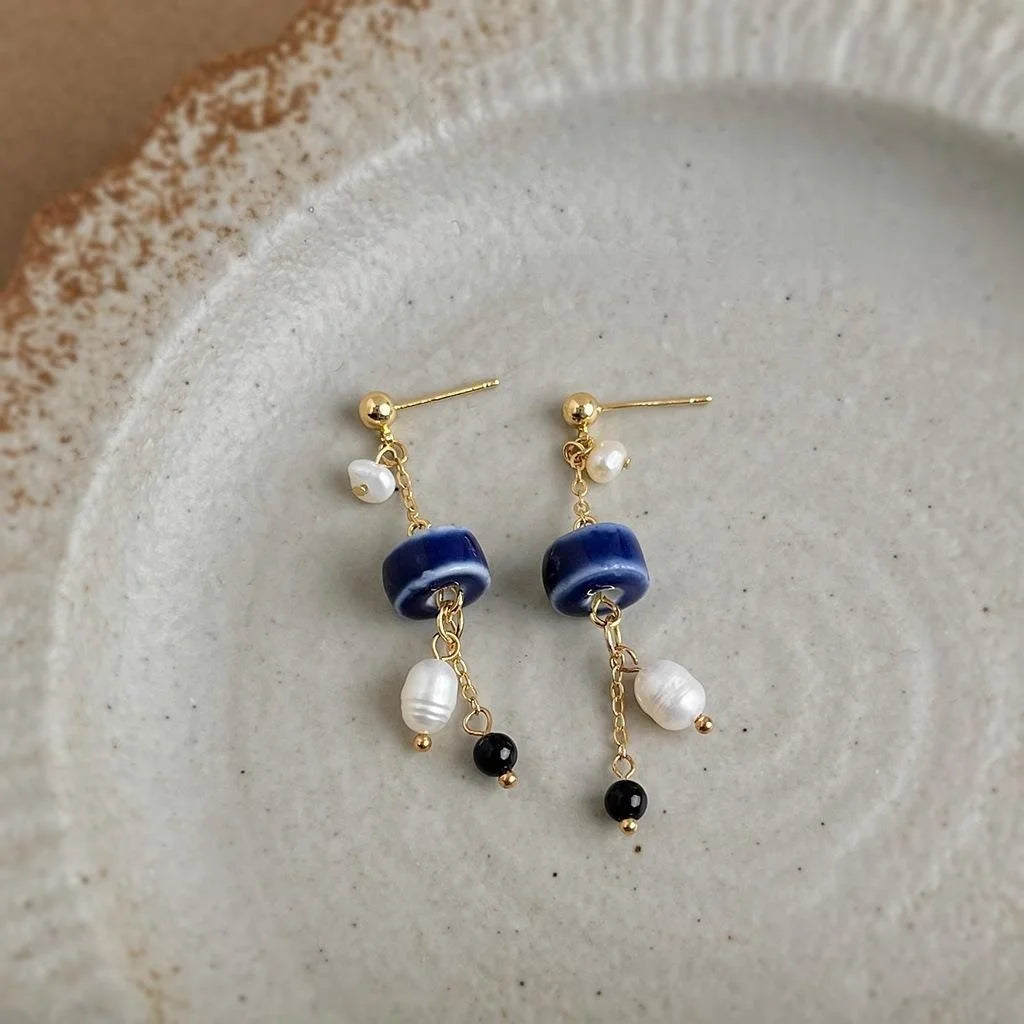 Handmade Freshwater Pearl Ceramic Drop Earrings Vintage Ethnic Geometric Tassel Jewelry