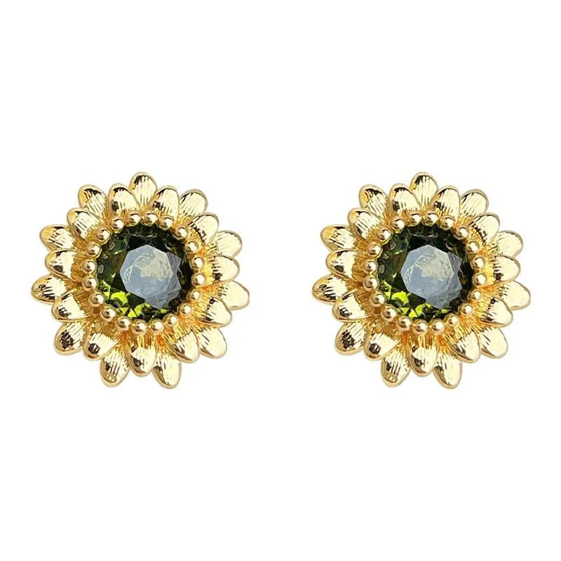 Olive Green Zircon Daisy Sunflower Stud Earrings Silver Plated Copper Floral Jewelry