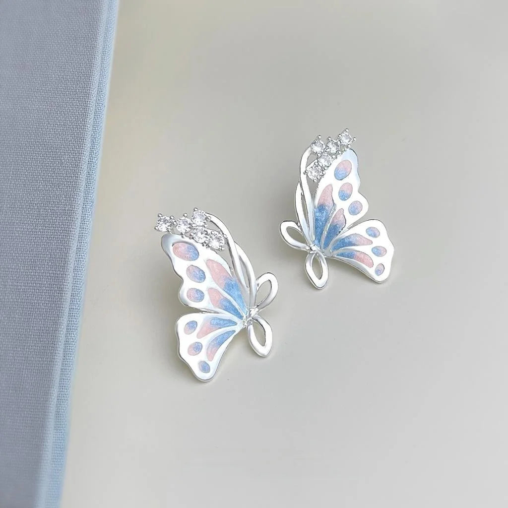 Hand Painted Butterfly Zircon Stud Earrings Eco Copper Silver Plated Fairy Forest Jewelry