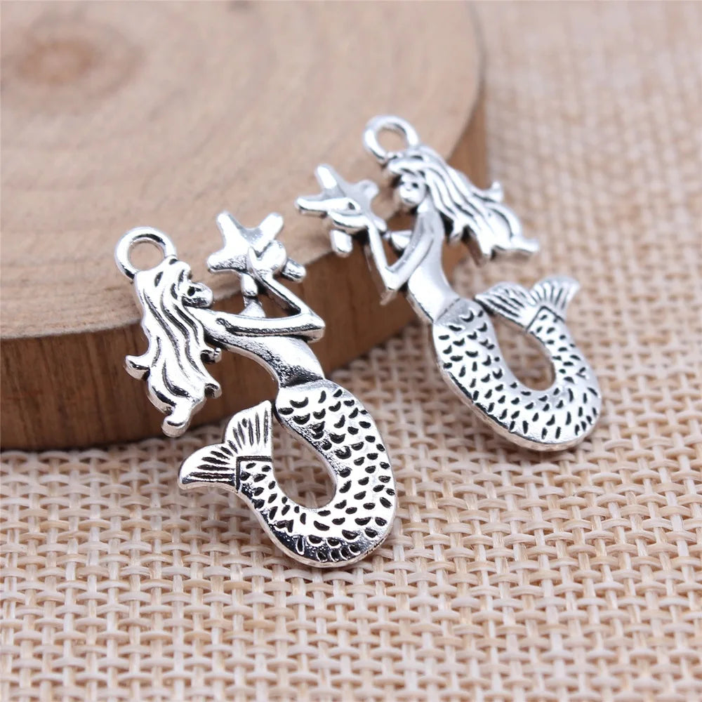 14x28mm 2.3g Antique Silver Zinc Alloy Mermaid Holding Star Charm Pendant for DIY Jewelry Making