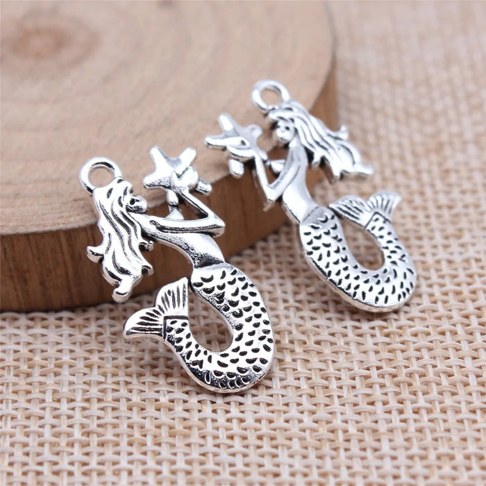 14x28mm 2.3g Antique Silver Zinc Alloy Mermaid Holding Star Charm Pendant for DIY Jewelry Making