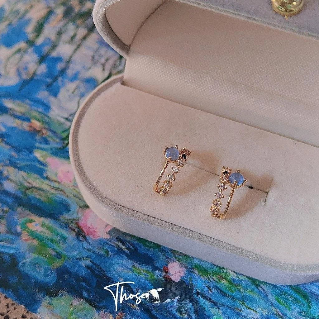 French Light Luxury 14K Plated Ring Stud Earrings With Zircon Glass Cat Eye Stone For Women