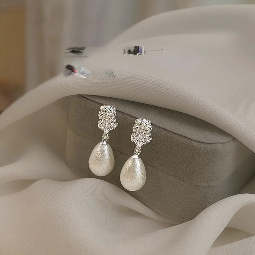 French Textured Snowflake Pearl Teardrop Copper Drop Earrings Silver Plated Luxury Style