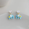 Cute Enamel Glazed Elephant Drop Earrings Copper Zircon Handmade Whimsical Jewelry