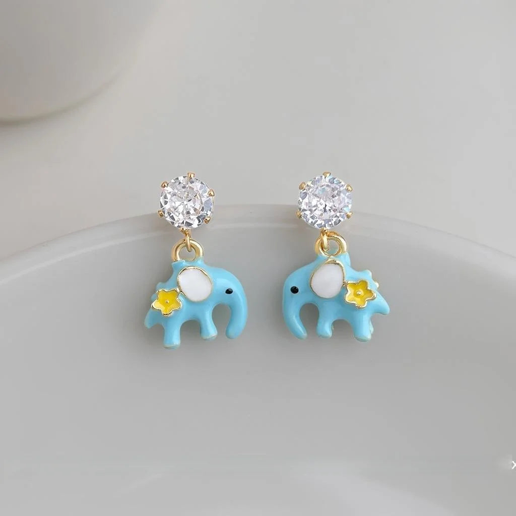 Cute Enamel Glazed Elephant Drop Earrings Copper Zircon Handmade Whimsical Jewelry