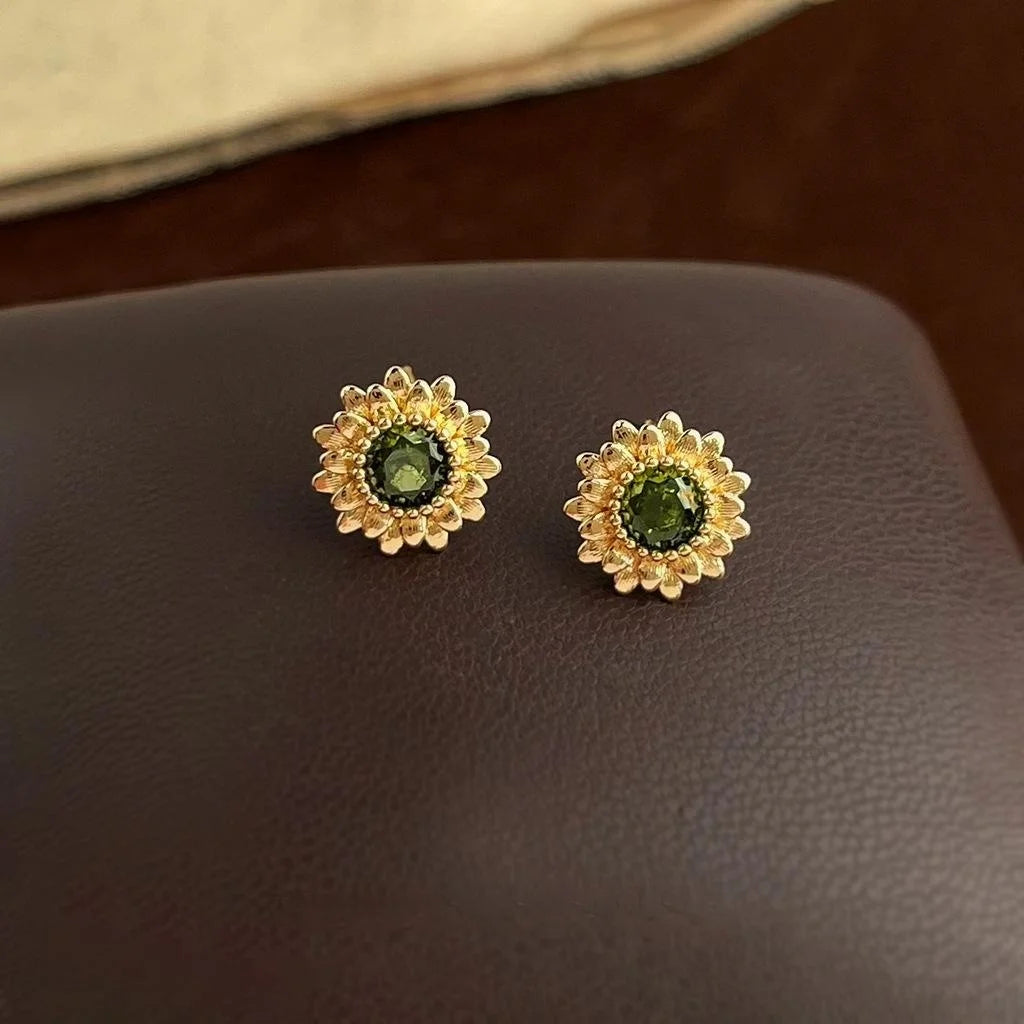 Olive Green Zircon Daisy Sunflower Stud Earrings Silver Plated Copper Floral Jewelry