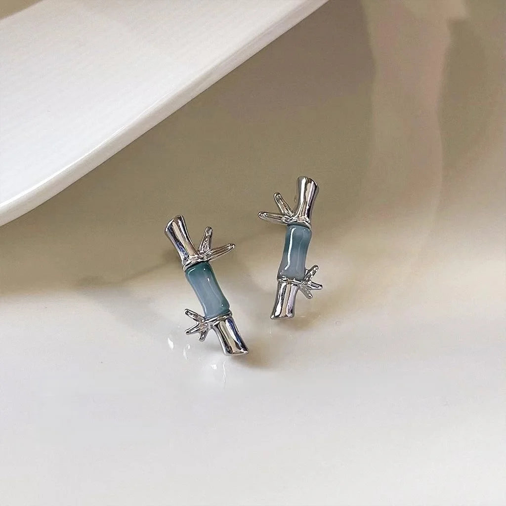 New Chinese Style Copper Bamboo Leaf Stud Earrings Minimalist Geometric Niche Design Jewelry
