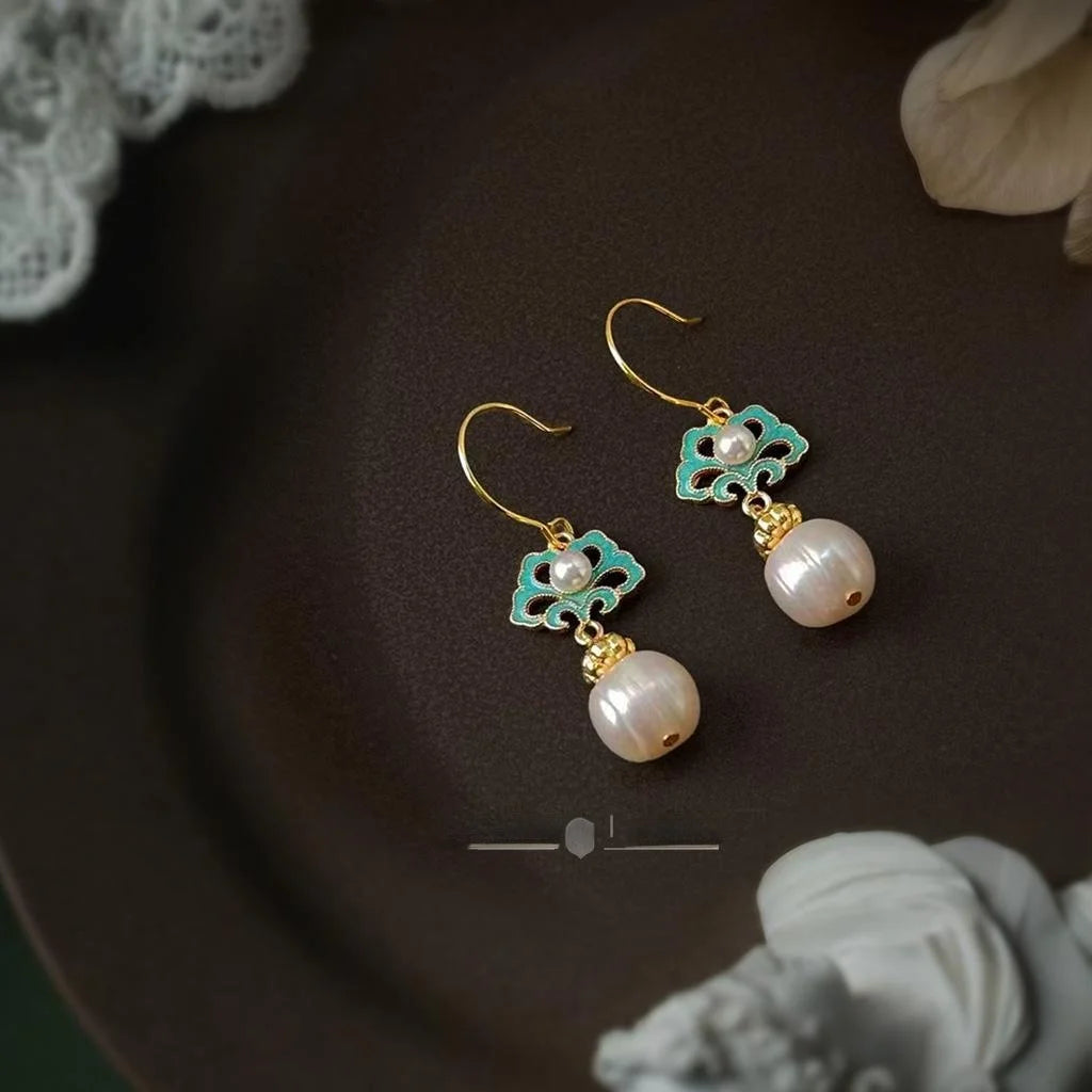 Vintage Court Style Baroque Freshwater Pearl Enamel Glaze Round Geometric Drop Earrings