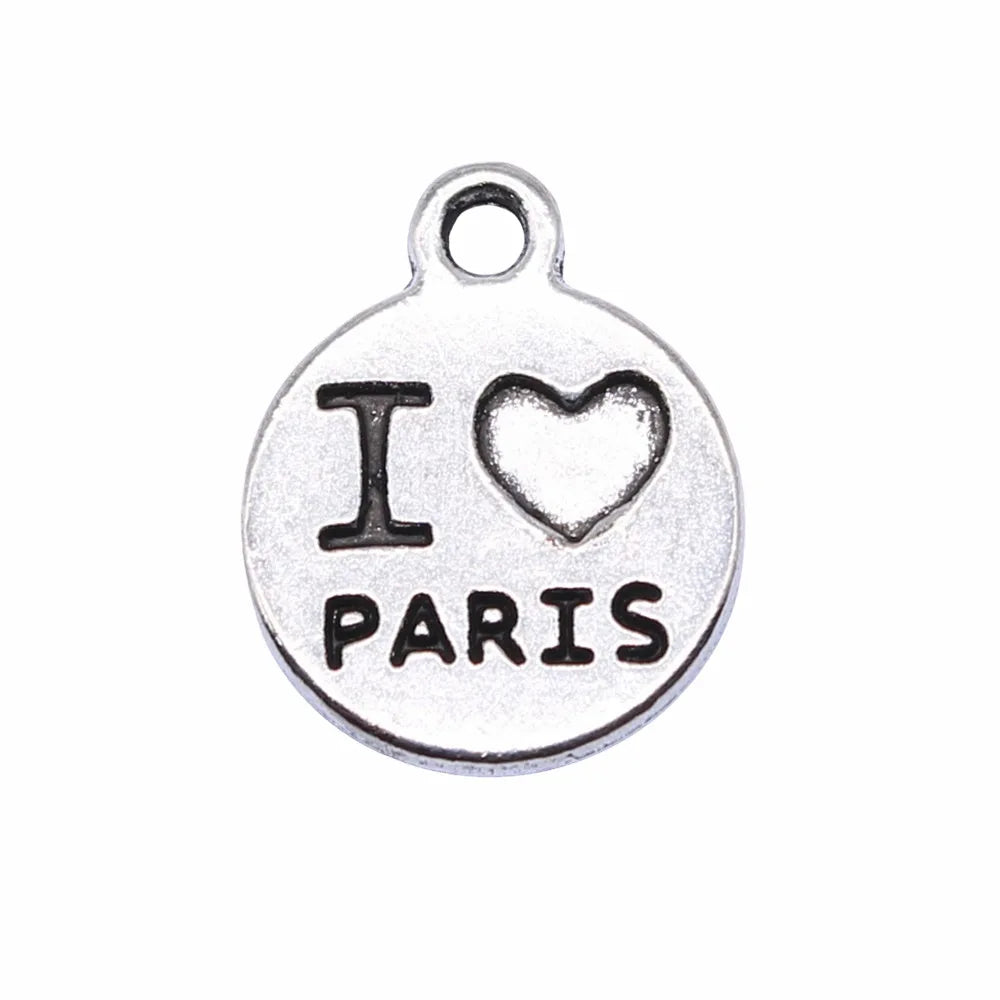 12x12mm 0.9g Zinc Alloy I Love Paris Word Tag Letter Charm Pendant for DIY Travel Theme Jewelry Making