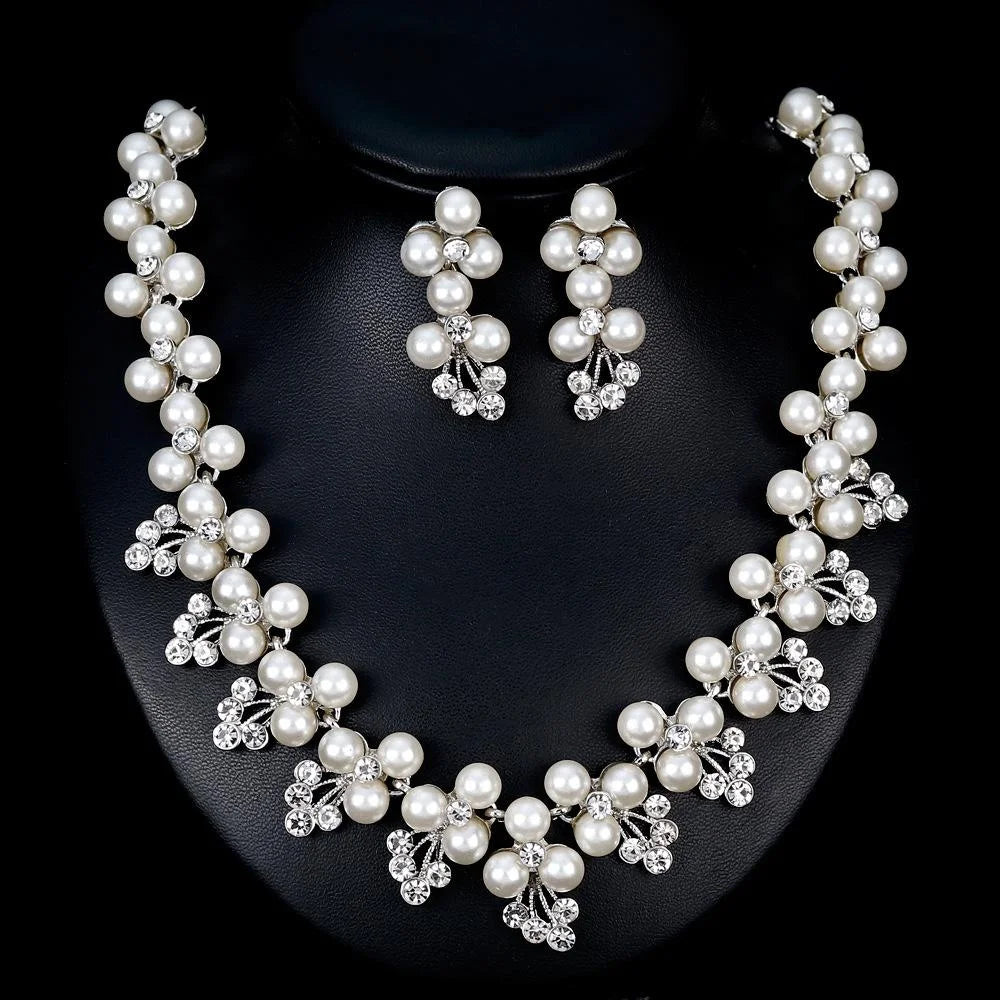 Elegant Pearl Rhinestone Flower Necklace Earrings Jewelry Set For Bridal Wedding Party Gift