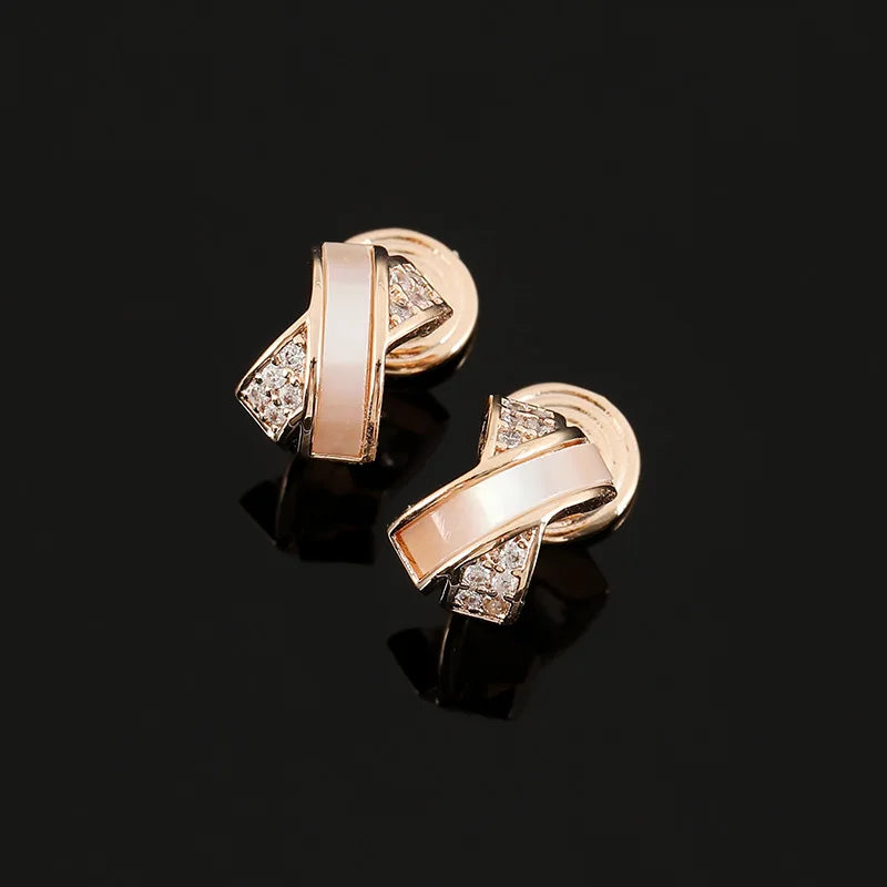 Elegant Shell Cross Rose Gold Tone Zircon Enamel Stud & Clip On No Piercing Commuter Luxury Earrings