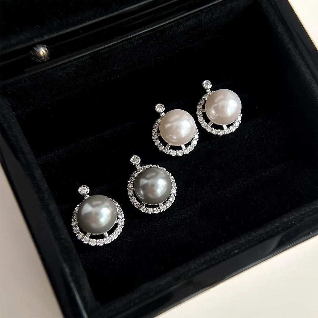 Micro Pave Zircon Glass Pearl Stud Earrings Copper Geometric Round Minimalist Office Jewelry