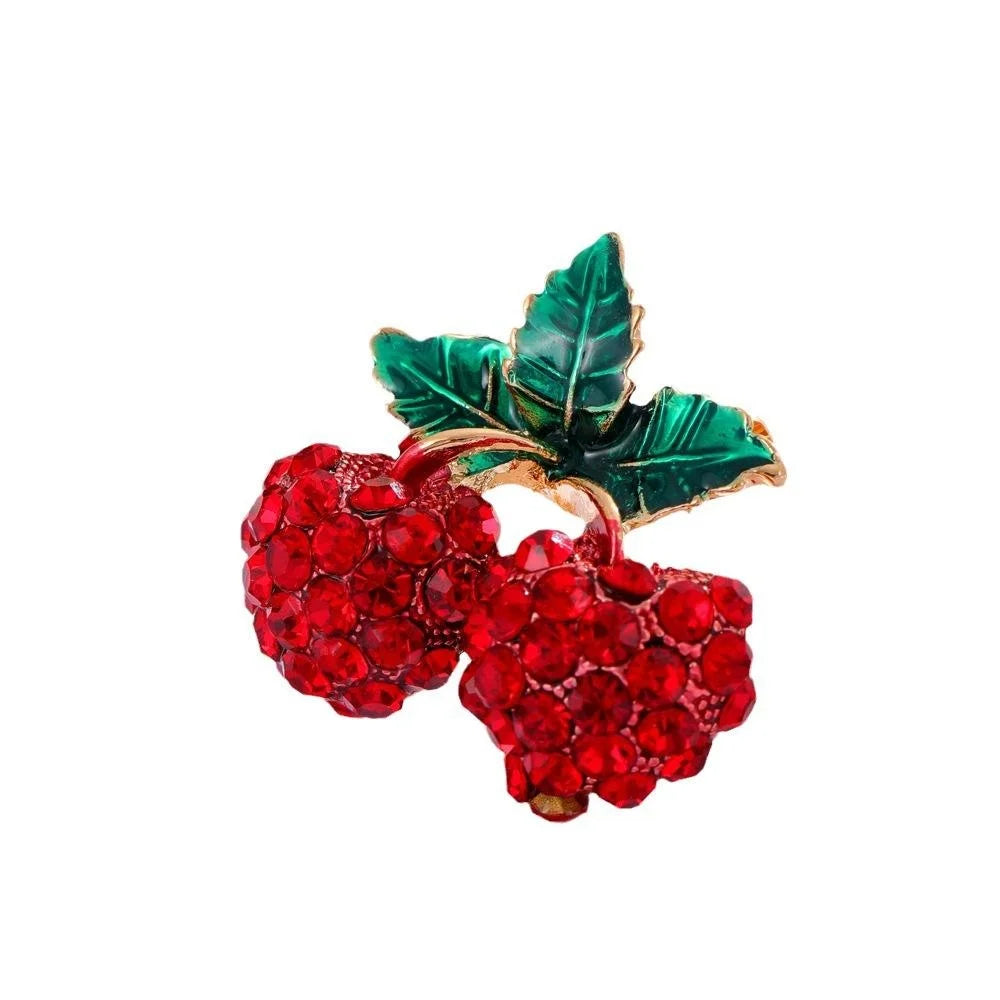 Cute Red Raspberry Cherry Brooch With Rhinestone Berries And Green Enamel Leaves, Alloy Lapel Pin Gift