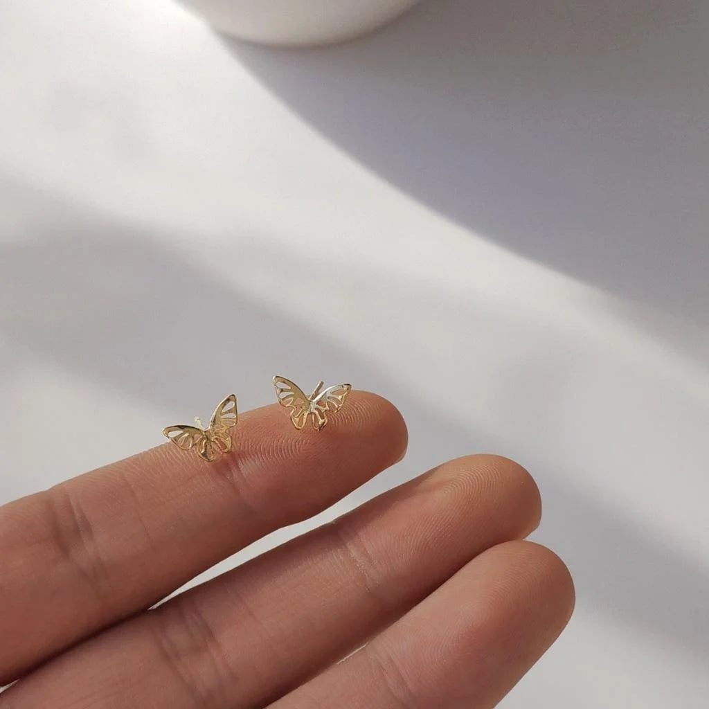 Mini 14K Gold Plated Copper Hollow Butterfly Stud Earrings For Women Simple Daily Jewelry
