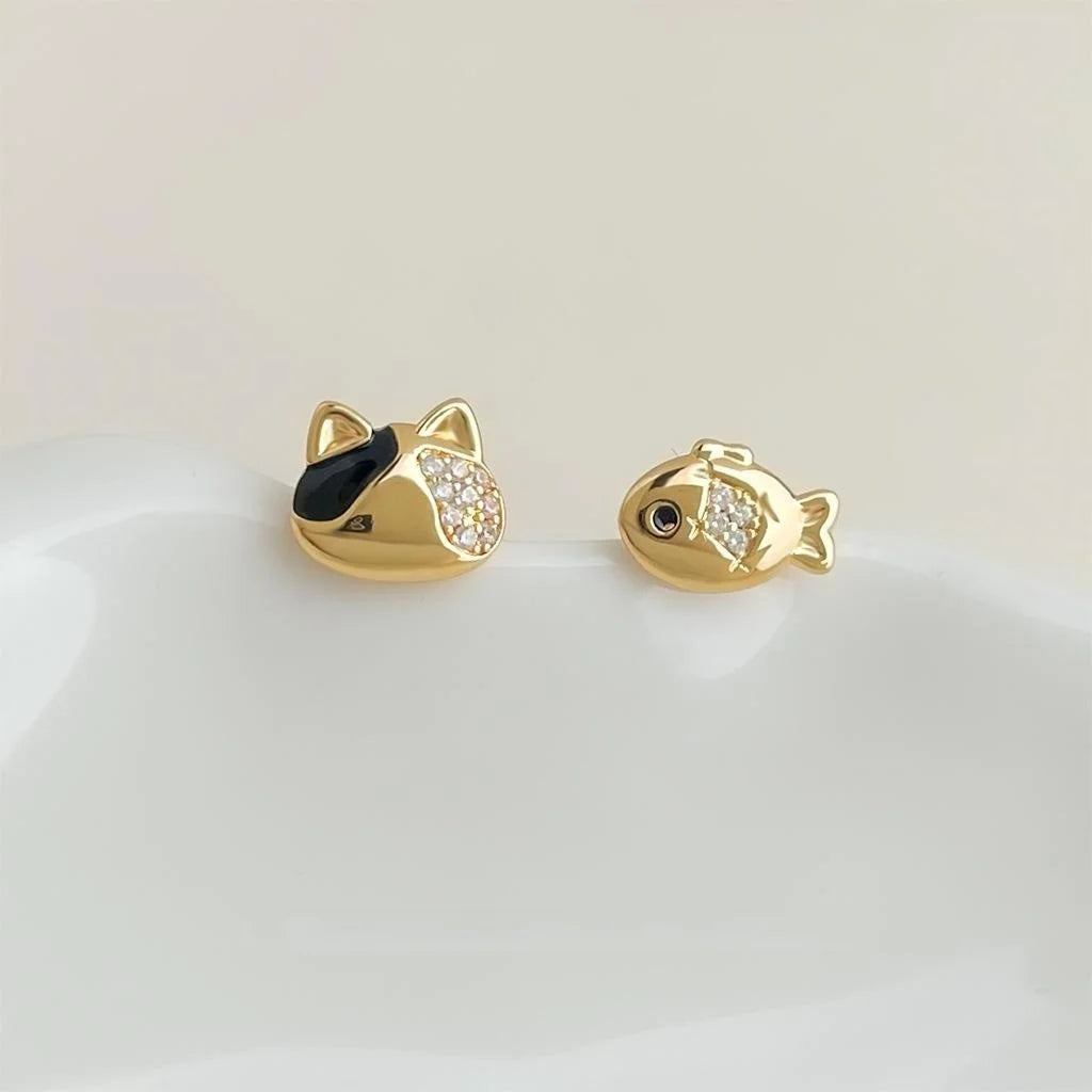 Asymmetric Micro Pave Zircon 14K Plated Goldfish Cat Stud Earrings