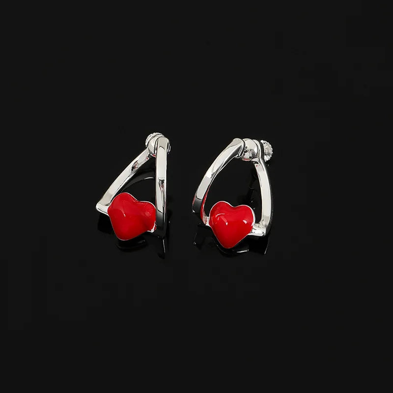 Elegant Red Enamel Heart Hoop Stud & Clip On No Piercing Silver Alloy Screw Back Women's Earrings