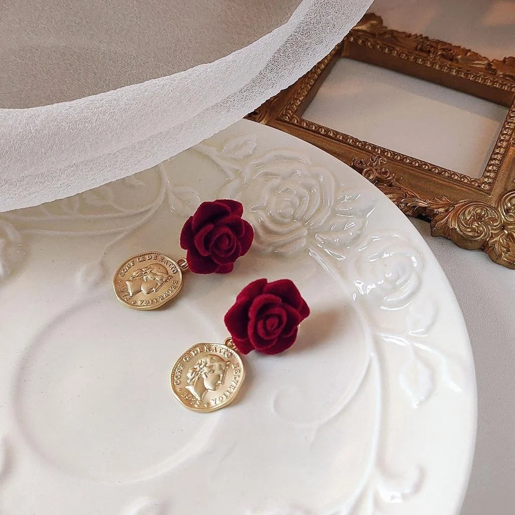 French Vintage Flocked Resin Rose Stud Earrings With 14K Silver Plated Pins Elegant Floral Jewelry