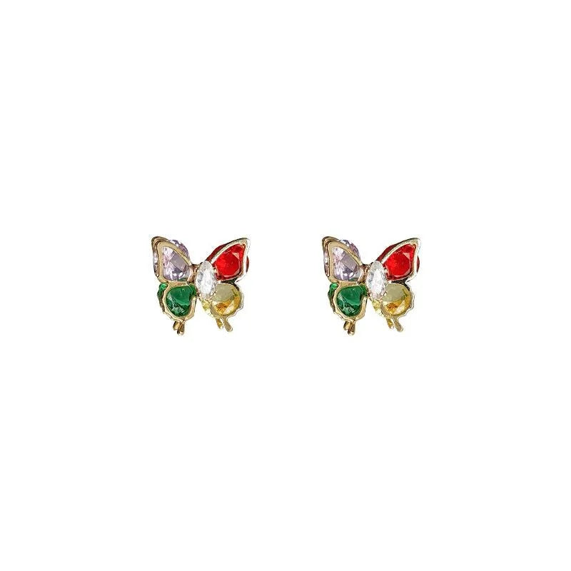 Cute Colorful Zircon Butterfly Stud Earrings 14K Plated Copper Sweet Fresh Jewelry