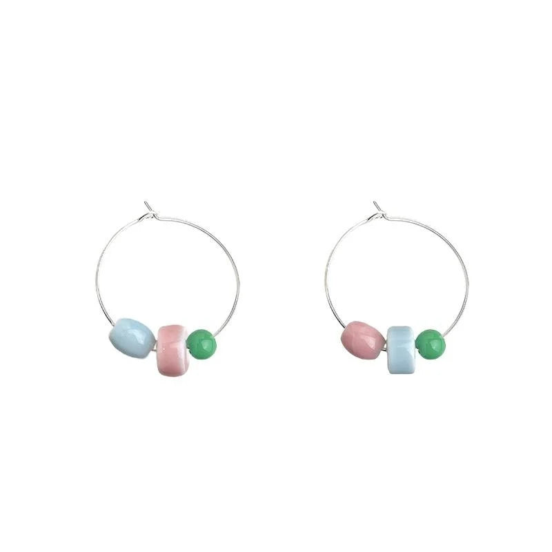 Ethnic Style Handmade Glazed Ceramic Geometric Round Square Drop Earrings for Women