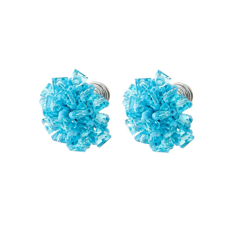 Elegant Blue Crystal Beaded Flower Stud & Clip On No Piercing Handmade Summer Statement Earrings