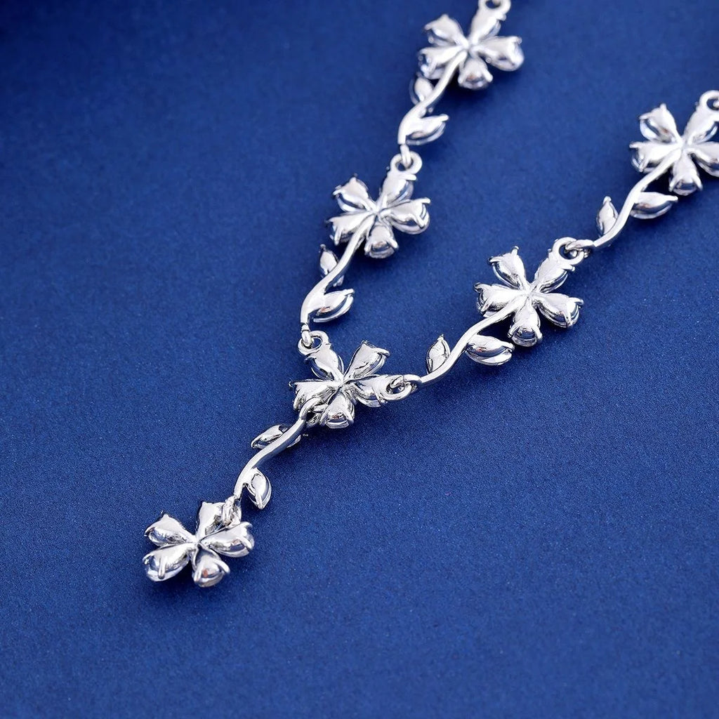 Luxury Floral Zircon Jewelry Set Elegant Silver Tone Necklace Earrings For Wedding Party Banquet Gift