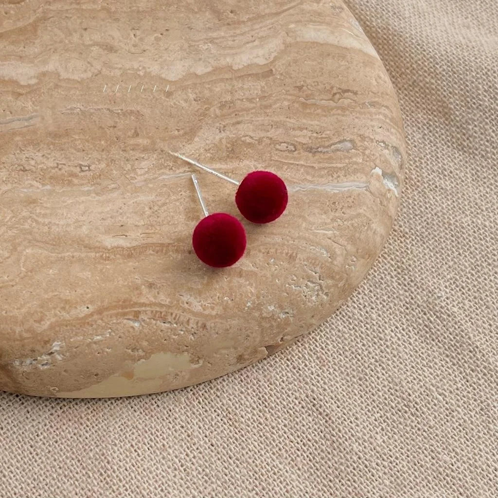 Burgundy Flocked Furry Round Geometric Ball Stud Earrings, Copper