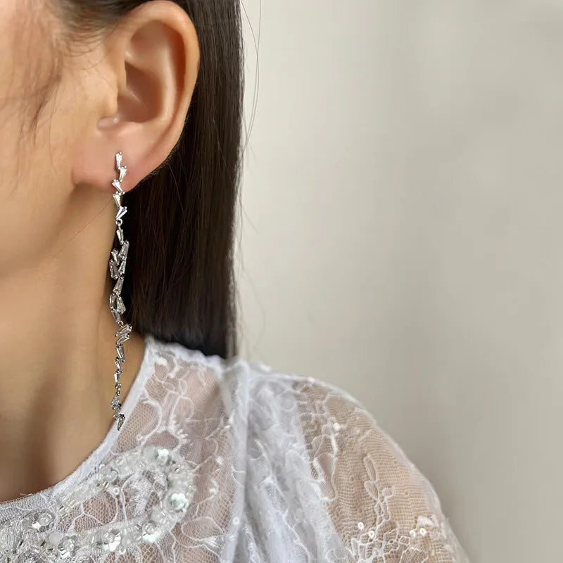 Elegant Trapezoid Crystal Rhinestone Tassel Long Drop Stud & Clip On No Piercing Wedding Earrings