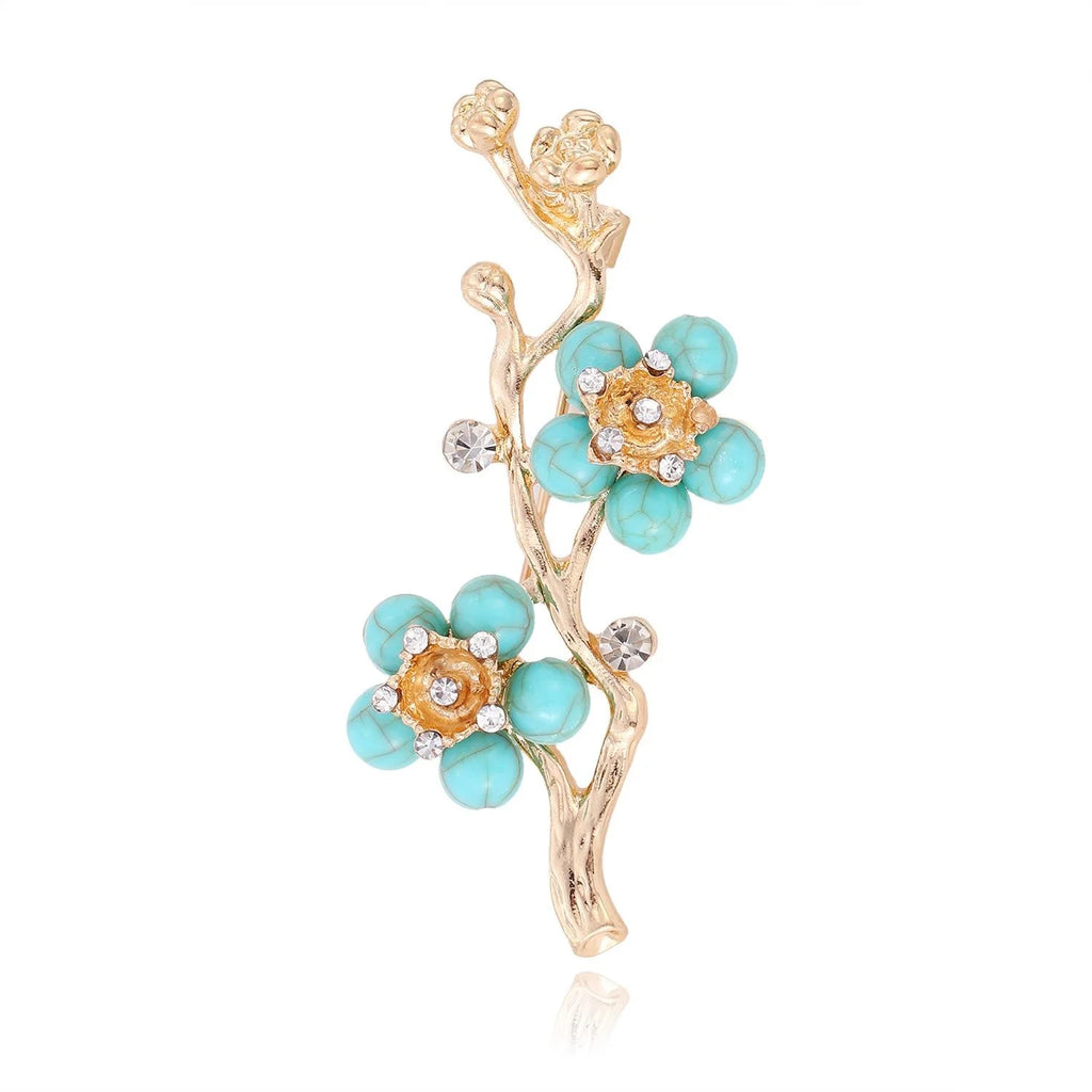 Elegant Turquoise Enamel Plum Blossom Branch Brooch With Rhinestones, Gold Alloy Lapel Pin Suit Accessory