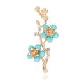 Elegant Turquoise Enamel Plum Blossom Branch Brooch With Rhinestones, Gold Alloy Lapel Pin Suit Accessory
