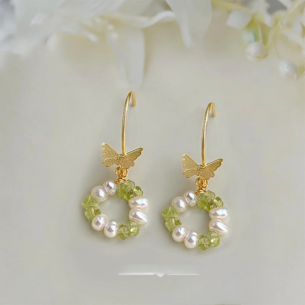 Cute Handmade Freshwater Pearl Green Olive Natural Stone Butterfly Drop Earrings For Women