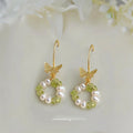 Cute Handmade Freshwater Pearl Green Olive Natural Stone Butterfly Drop Earrings For Women