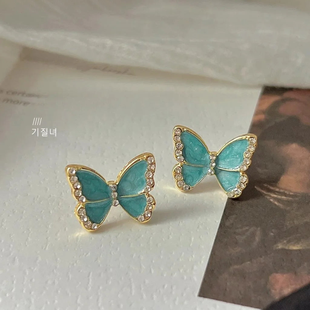 14K Gold Plated Butterfly Stud Earrings Sweet Enamel Rhinestone Jewelry