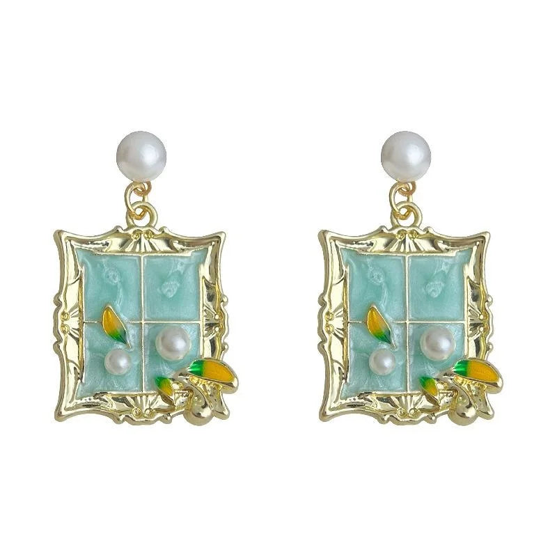 Monet Garden Fresh Sweet Summer Vacation Copper Enamel Geometric Drop Earrings
