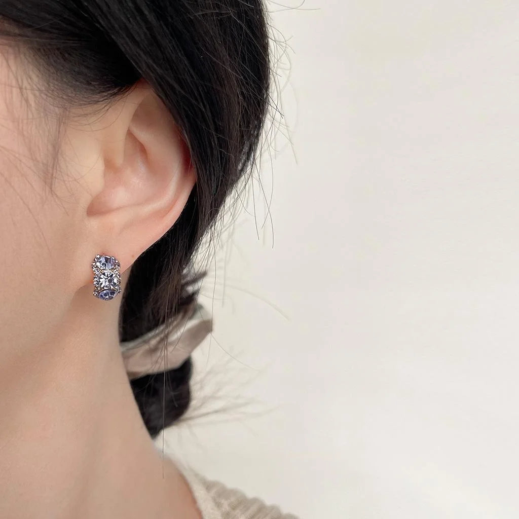 Sparkling Rhinestone Purple Geometric Half Hoop Copper Stud Earrings, Minimalist Trendy Jewelry