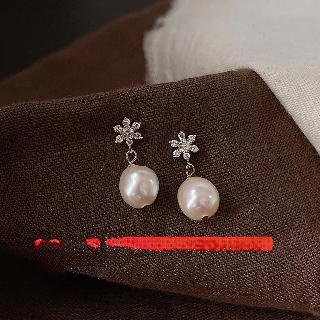 French Vintage Baroque Freshwater Pearl Teardrop Stud Earrings With Zircon 14K Gold Plated