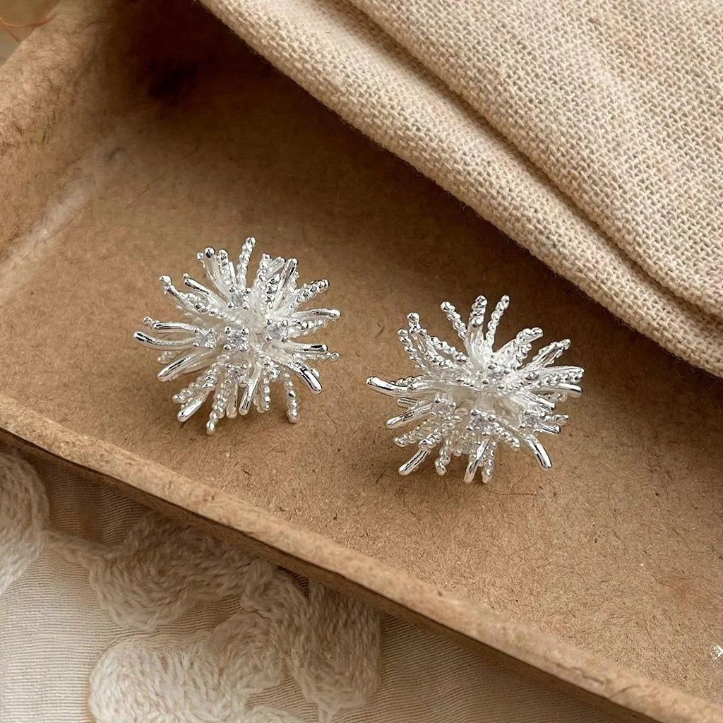 Silver Plated Copper Dandelion Flower Stud Earrings Minimalist Designer Spring Jewelry