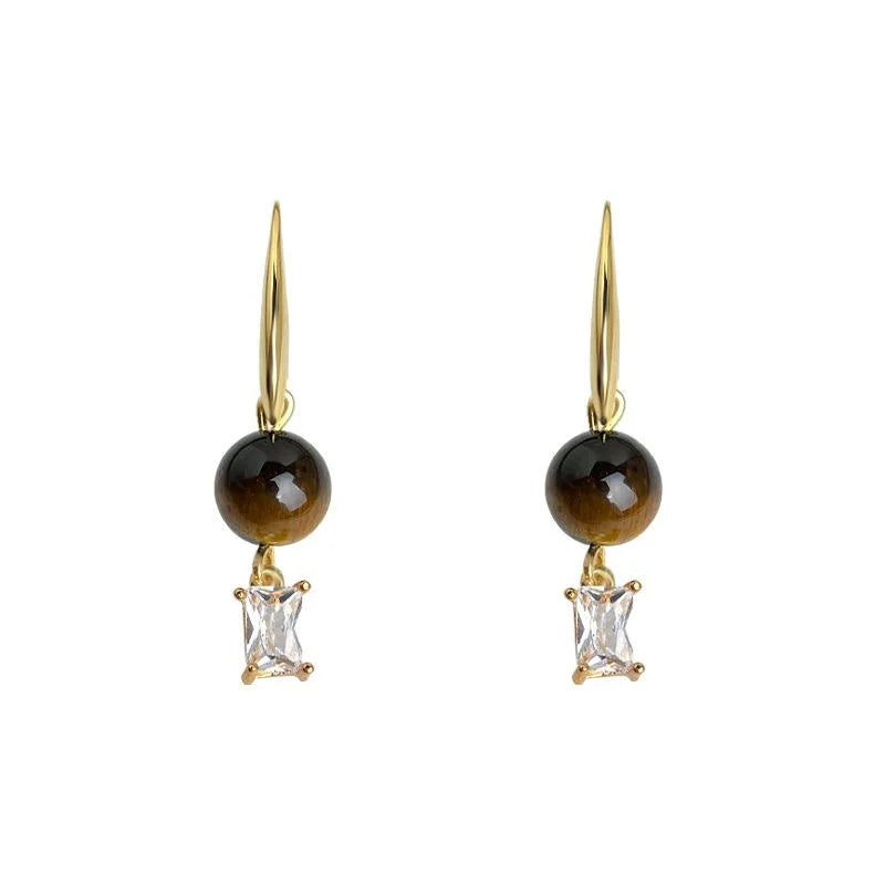 Natural Tiger Eye Stone Copper Geometric Drop Earrings For Women Vintage Ethnic Jewelry