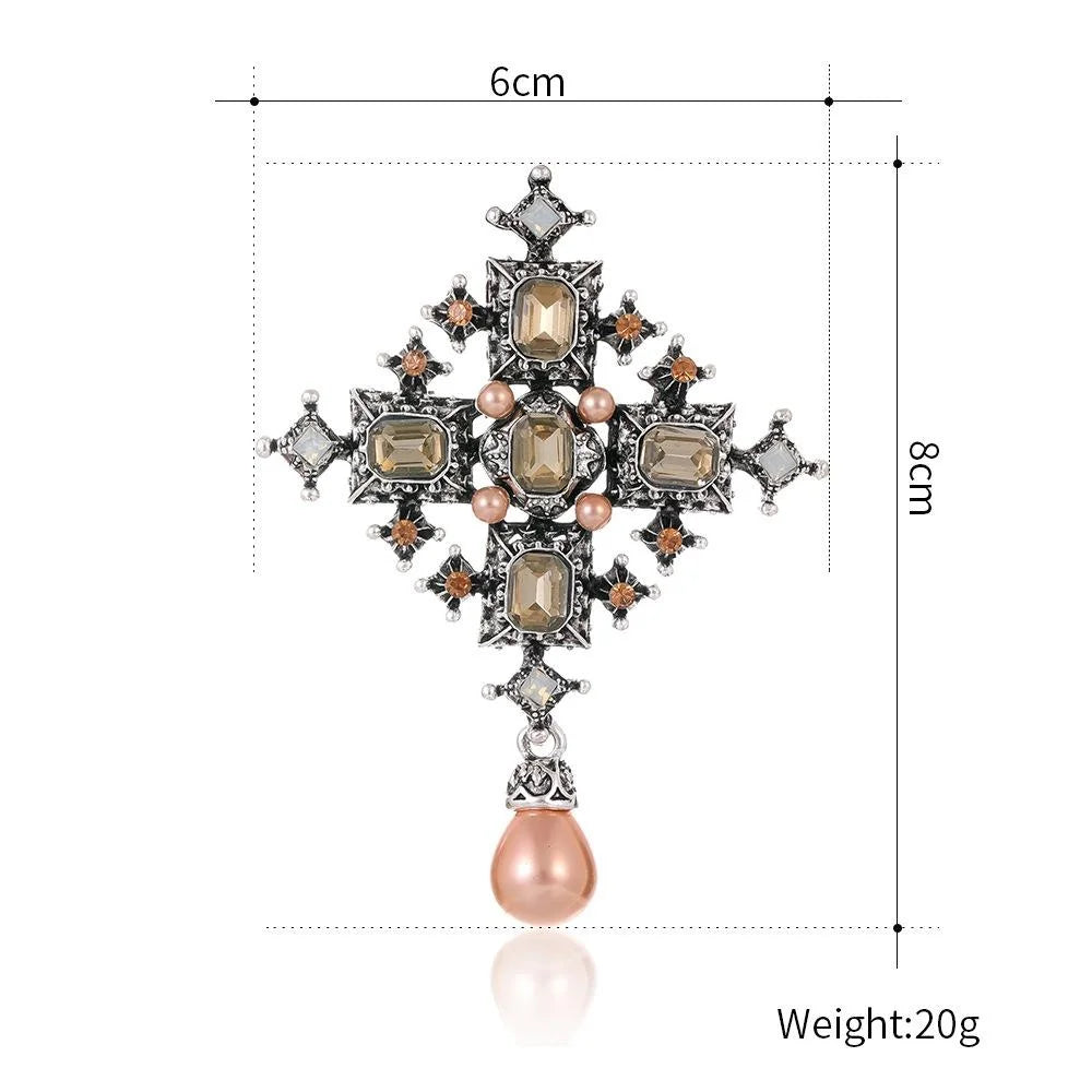 Vintage Baroque Cross Brooch With Rhinestones And Pink Pearl Drop, Elegant Alloy Lapel Pin Suit Accessory