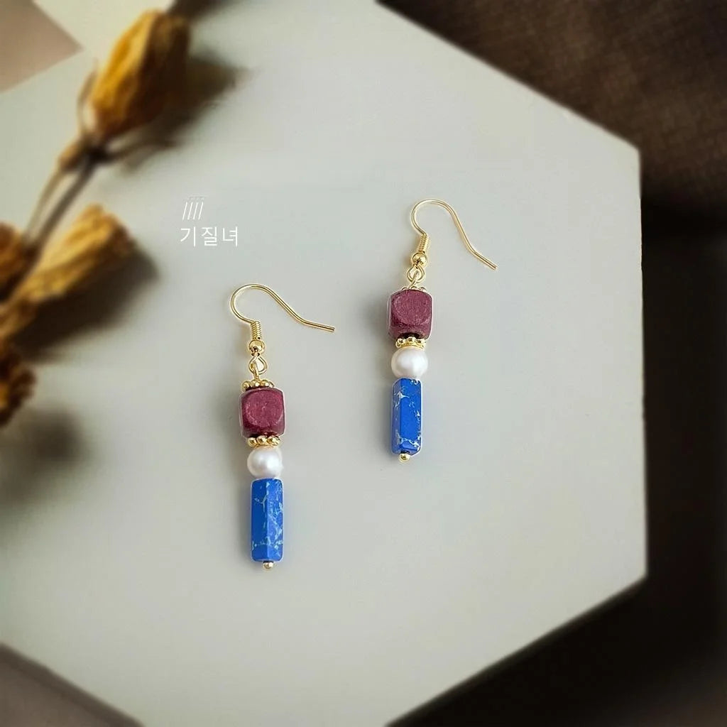 Vintage Ethnic Handmade Geometric Drop Earrings With Freshwater Pearls And Synthetic Imperial Jasper