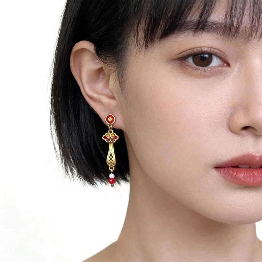 Chinese Style Red Enamel Ruyi Cloud Drop Earrings, Copper Glass Crystal Long Dangle Jewelry