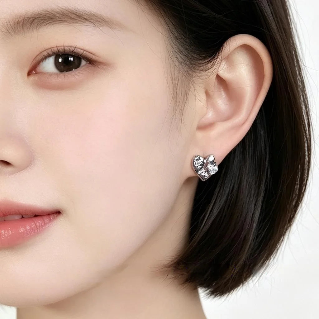 Silver Plated Eco Copper Heart Zircon Stud Earrings, Irregular Liquid Metal Minimalist Style