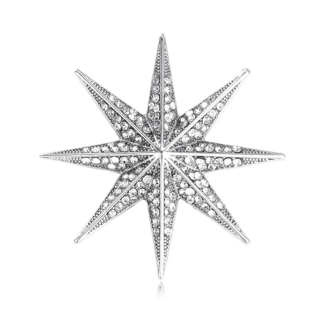 Luxury Rhinestone Eight-Point Starburst Brooch, Silver Tone Alloy Lapel Pin Corsage Suit Accessory Gift