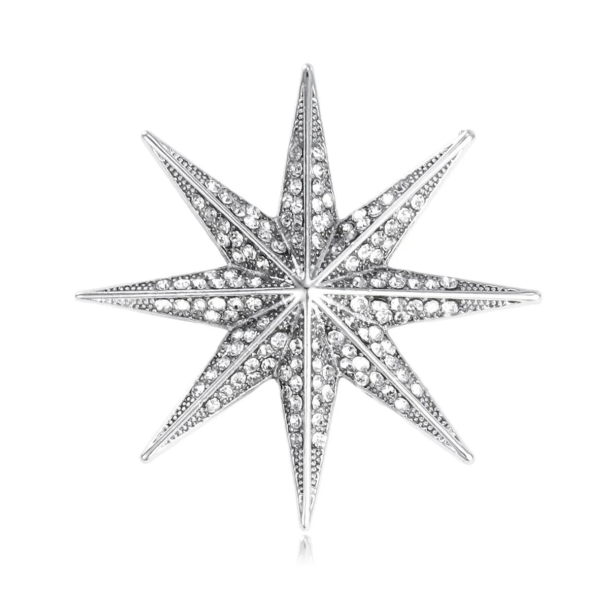 Luxury Rhinestone Eight-Point Starburst Brooch, Silver Tone Alloy Lapel Pin Corsage Suit Accessory Gift