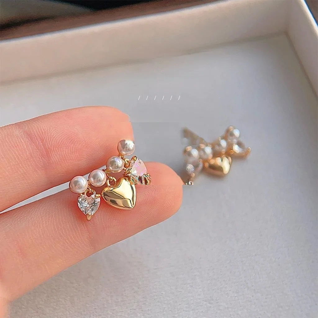 Light Luxury Curved Pearl Heart Stud Earrings Micro Pave Zircon Copper Silver Plated Posts