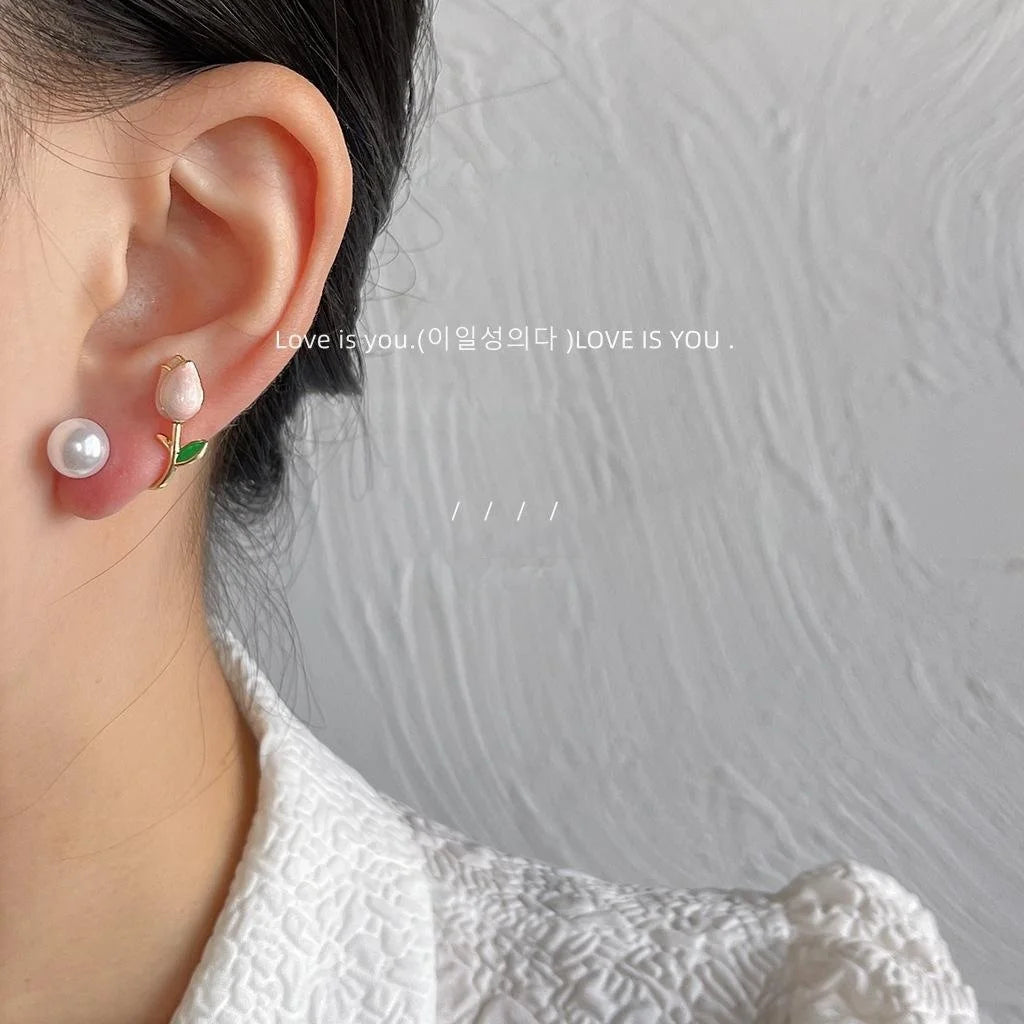 Two Way 14K Plated Copper Tulip Flower Stud Earrings, Elegant Sweet Floral Jewelry