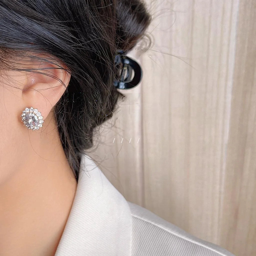 French Style Luxury Micro Pave Zircon Oval Copper 14K Plated Stud Earrings