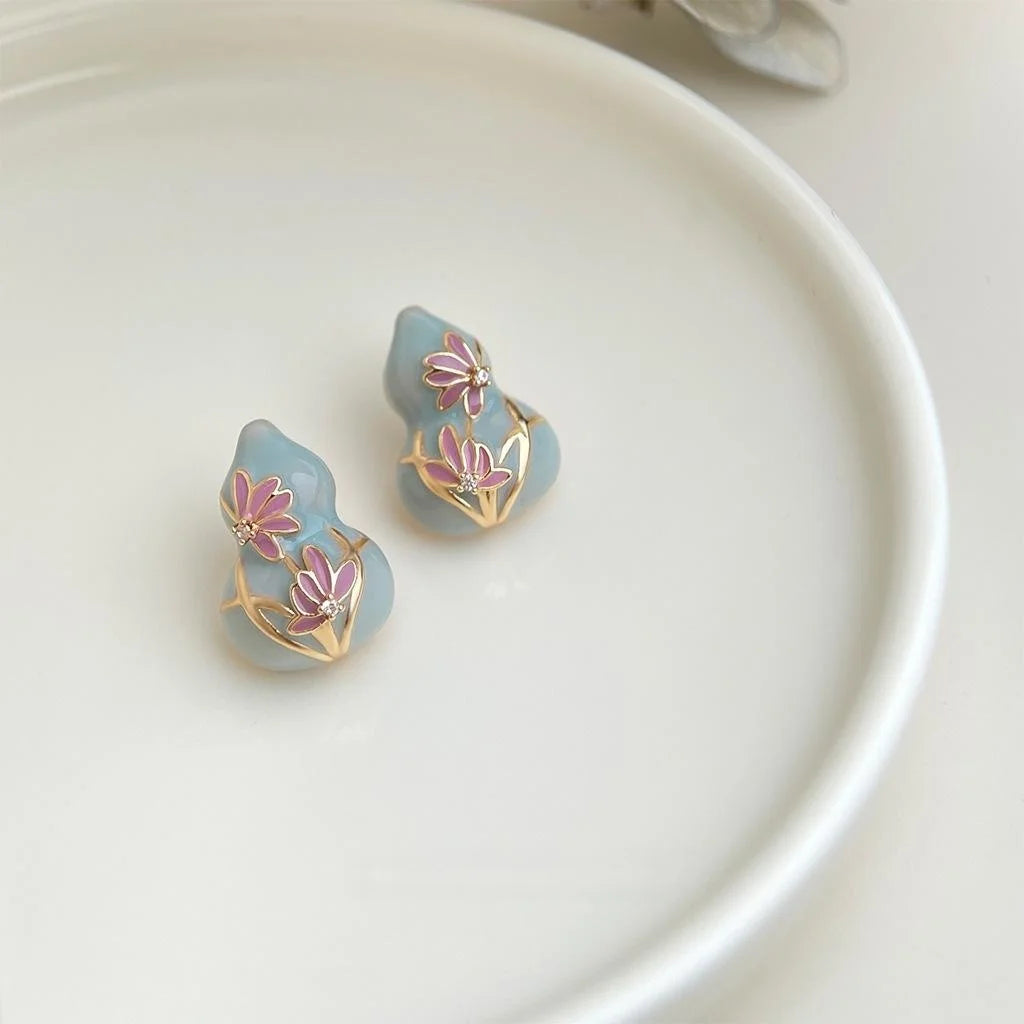 Chinese Style Enamel Painted Copper Lotus Gourd Stud Earrings