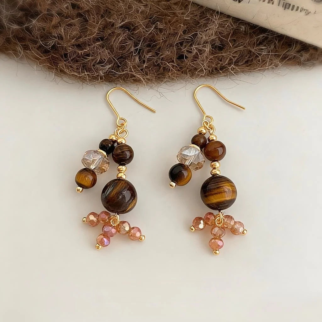 Vintage Maillard Copper Tiger Eye Stone Glass Crystal Tassel Drop Earrings