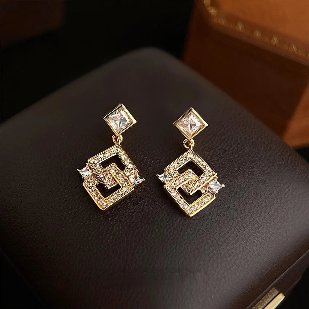 Light Luxury Geometric Square Zircon Copper 14K Plated Drop Earrings