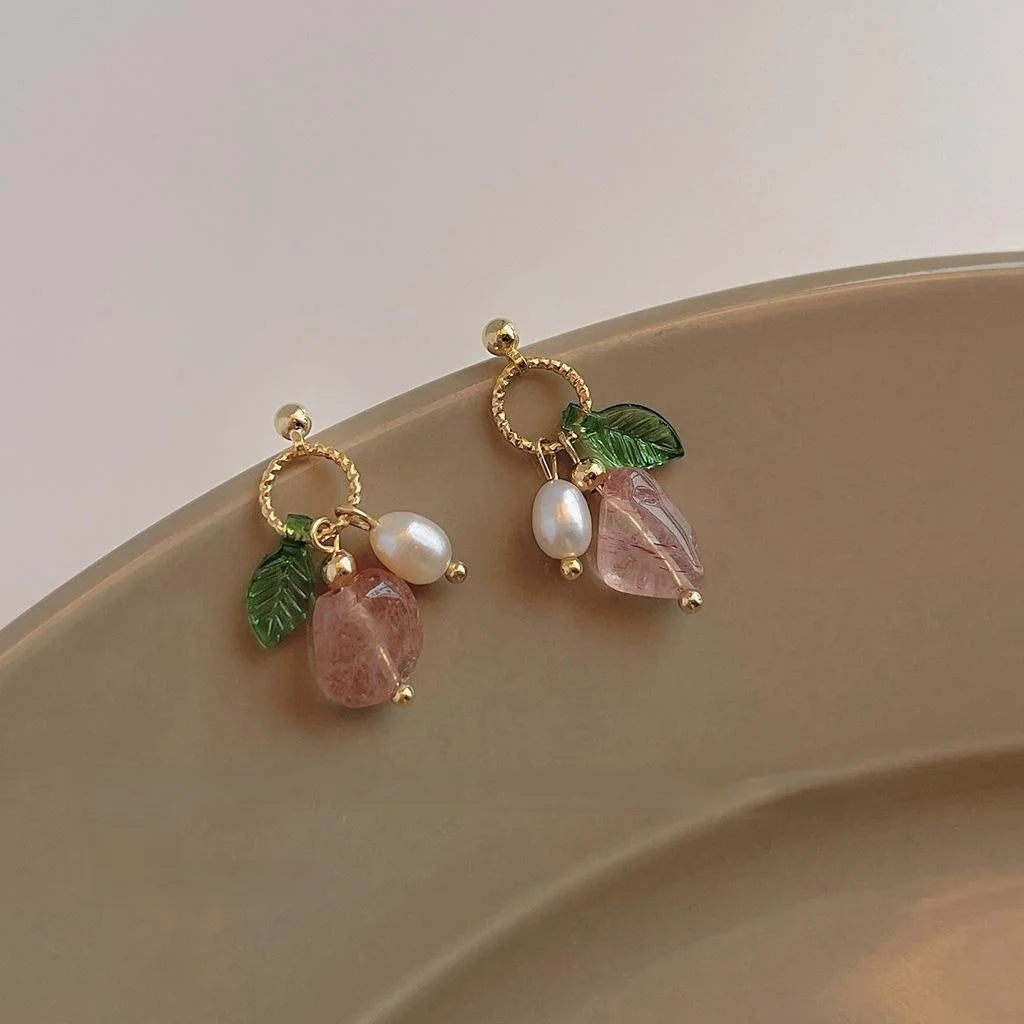 14K Gold Plated Copper Freshwater Pearl Strawberry Quartz Vintage Geometric Stud Earrings